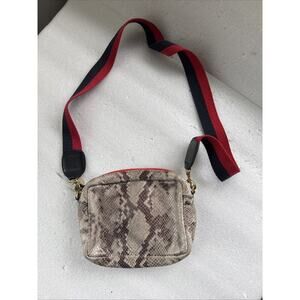 CLARE V Snakeskin Navy & Red Stripe Strap Midi Sac Crossbody $375